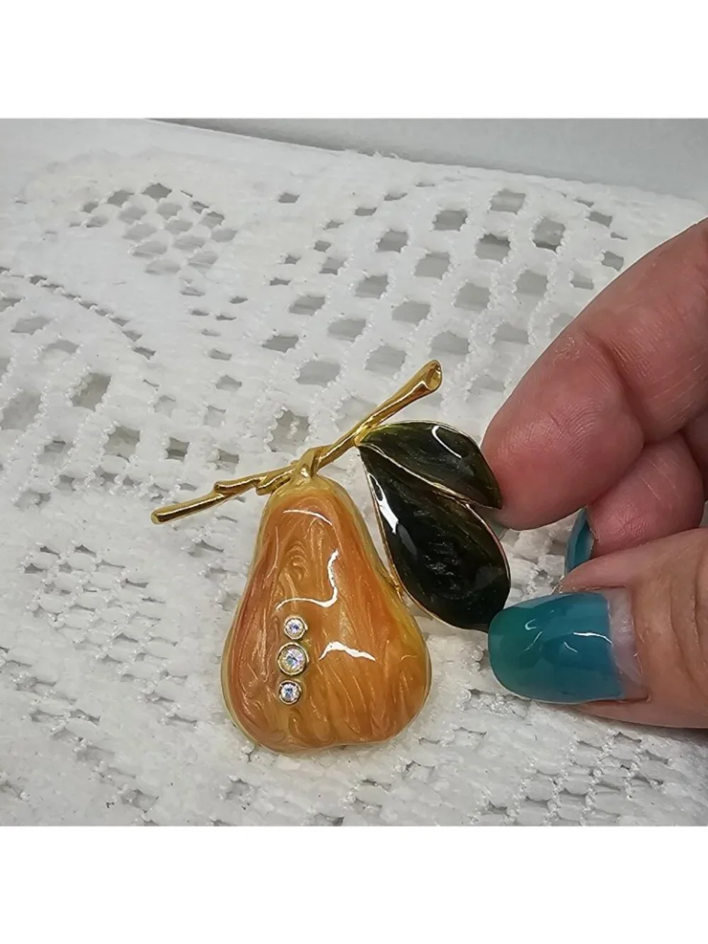 Vintage Gold-Toned Enameled Pear w Three Rhinestones & Green Leaves Brooch Pin